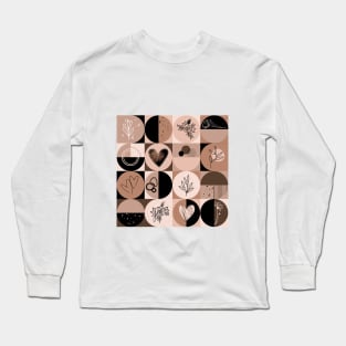 repeating geometry pattern, squares and circles, ornaments, black brown color tones Long Sleeve T-Shirt